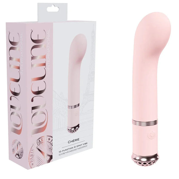 Loveline Cherie Vibrator in Pink, retail box beside the curved G-spot vibrator
