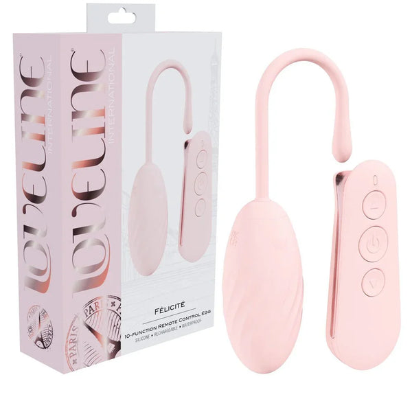 Loveline Felicite Vibrating Egg in Pink, retail box with the corded egg and its wireless remote