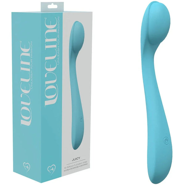 Loveline Juicy Silicone Vibrator in Blue, retail box beside the slim flexible vibrator