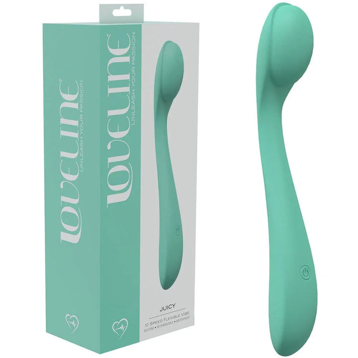 Loveline Juicy Silicone Vibrator in Green, mint retail box beside the slim flexible vibrator