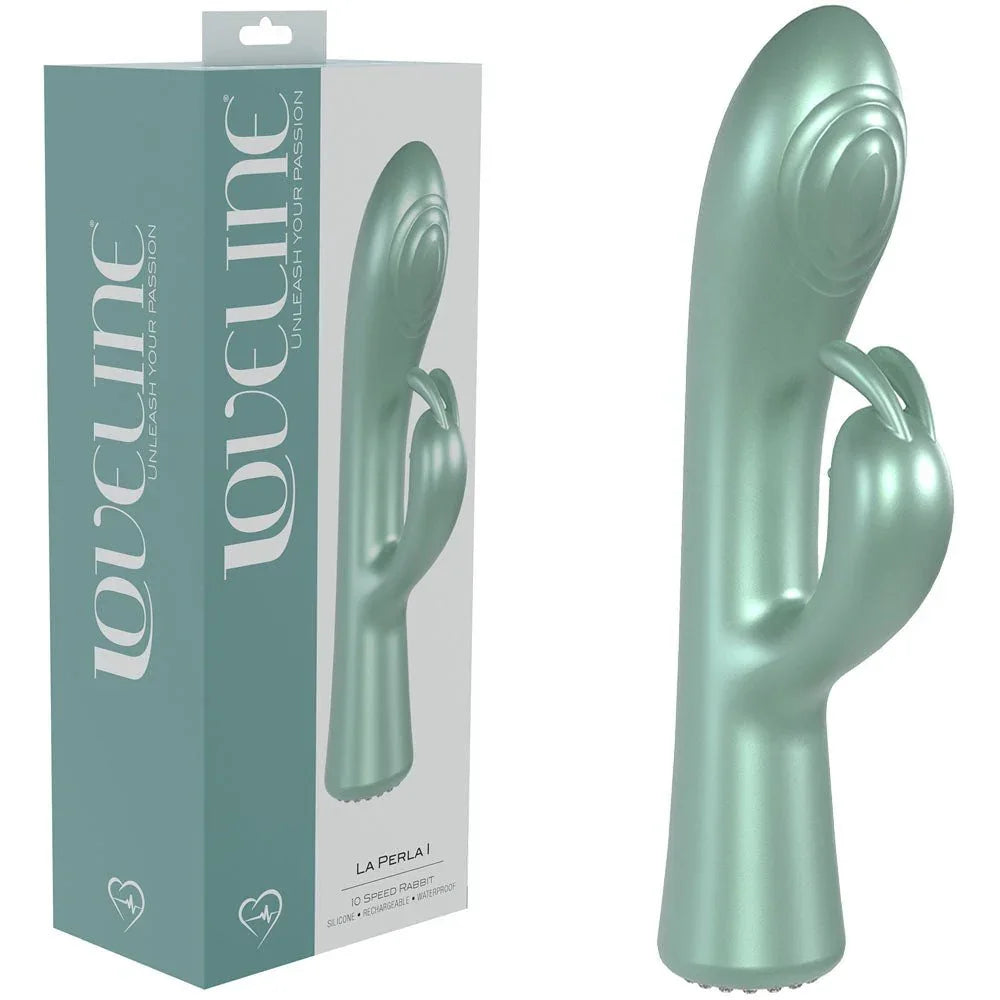 Loveline La Perla I Rabbit Vibrator in Pearlescent Green, green box beside the pearl-finish rabbit vibe