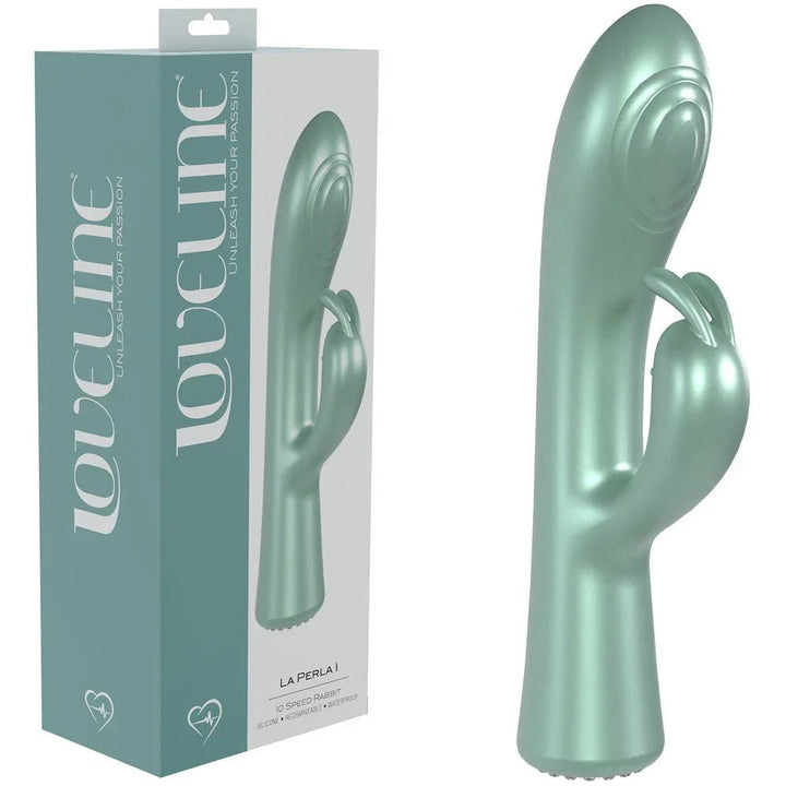 Loveline La Perla I Rabbit Vibrator in Pearlescent Green, green box beside the pearl-finish rabbit vibe