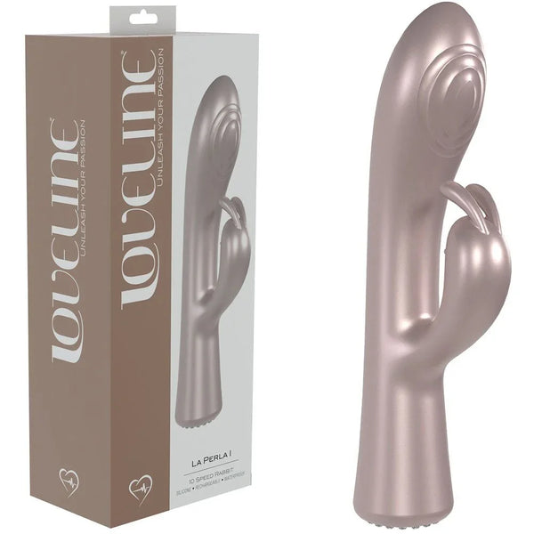 Loveline La Perla I Rabbit Vibrator in Pearlescent Pink, retail box beside the pearl-finish rabbit vibe