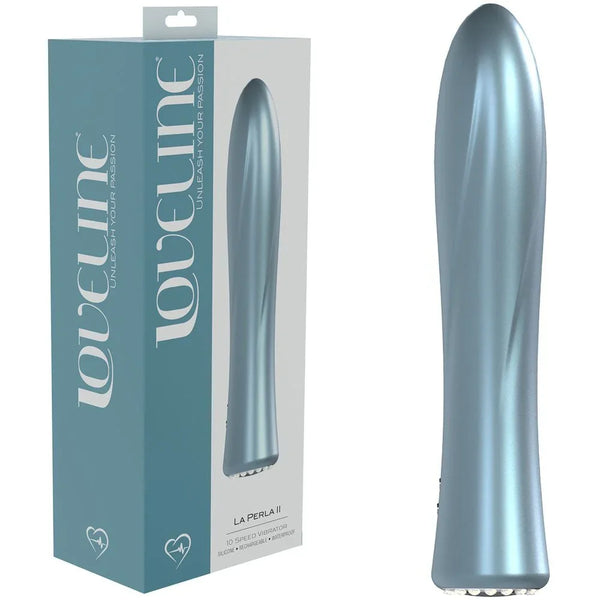 Loveline La Perla II G-Spot Vibrator in Pearlescent Blue, retail box beside the tapered pearl vibe