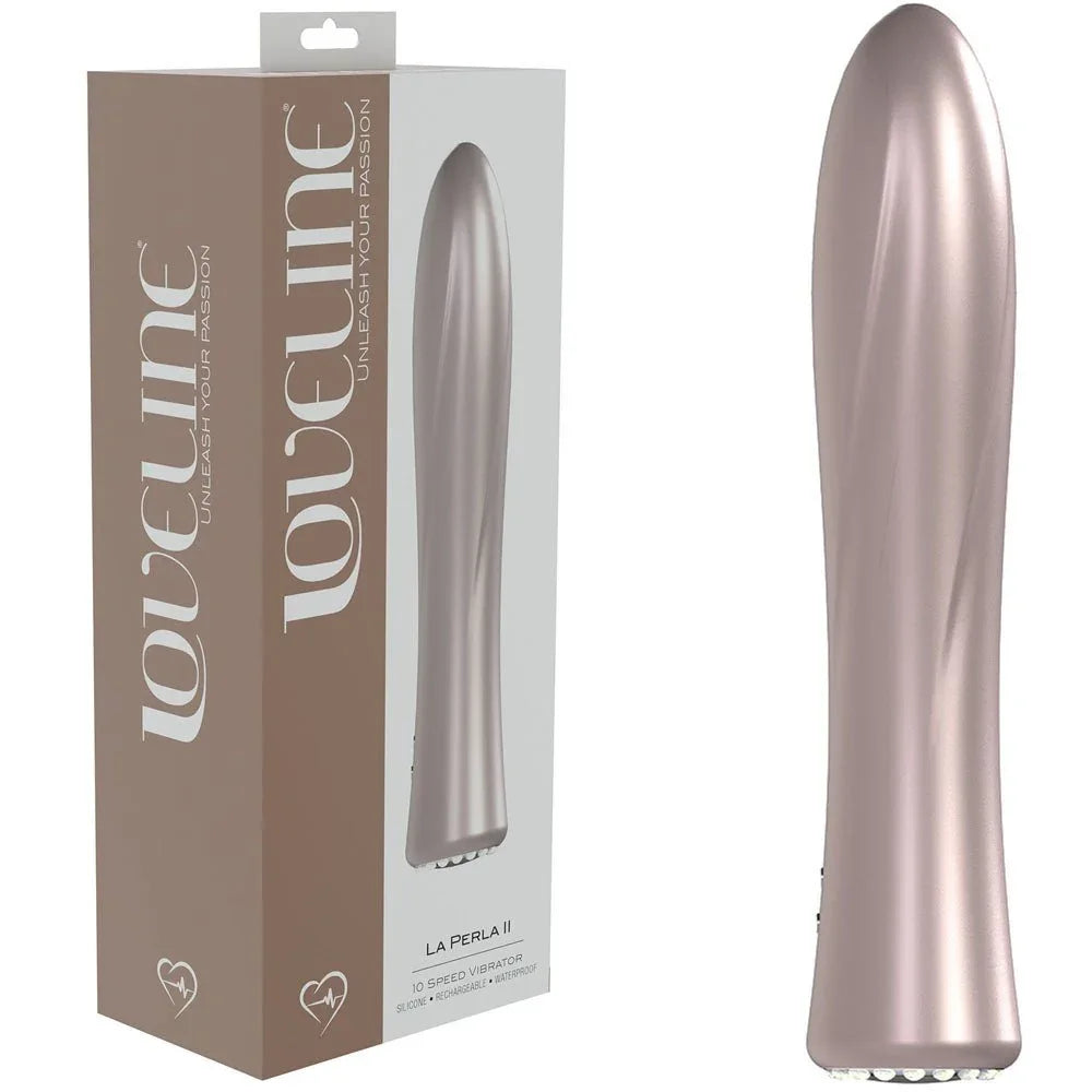 Loveline La Perla II G-Spot Vibrator in Pearlescent Pink, taupe box beside the tapered pearl vibe