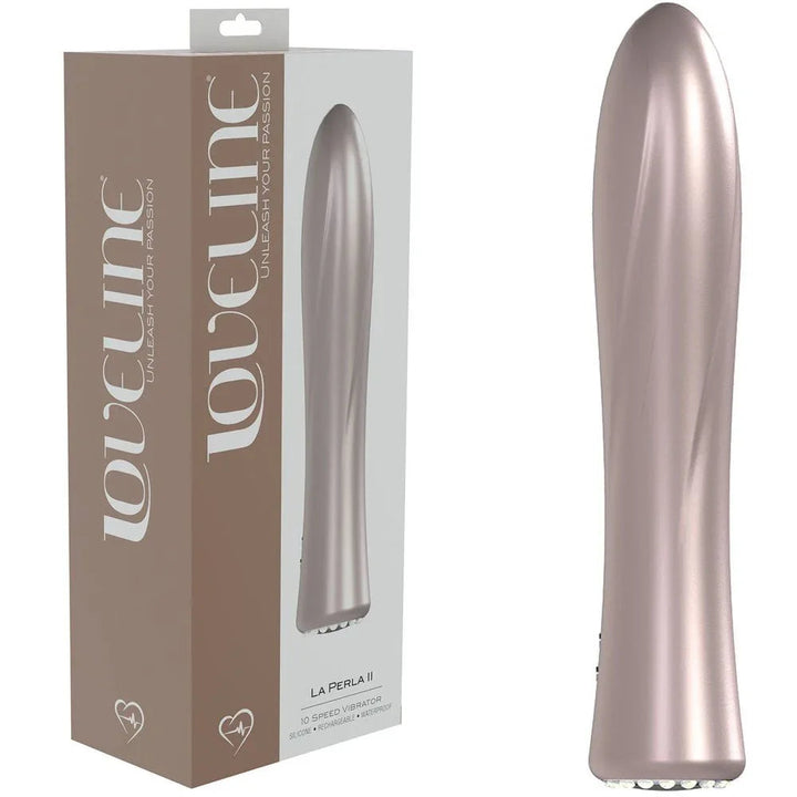 Loveline La Perla II G-Spot Vibrator in Pearlescent Pink, taupe box beside the tapered pearl vibe
