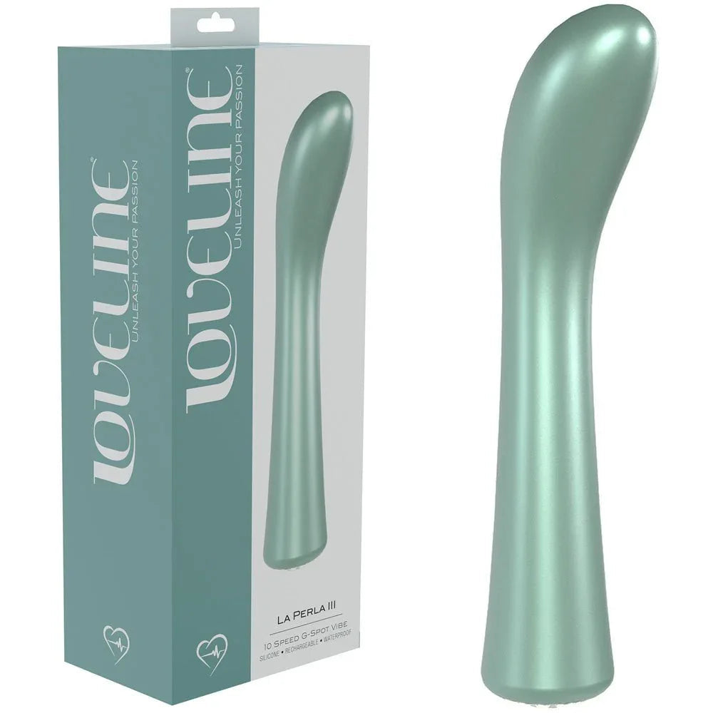 Loveline La Perla III Vibrator in Pearlescent Green, green box beside the curved pearl-finish G-spot vibe