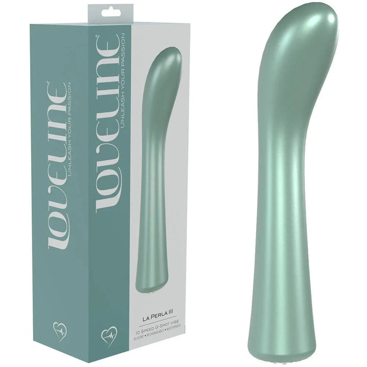 Loveline La Perla III Vibrator in Pearlescent Green, green box beside the curved pearl-finish G-spot vibe