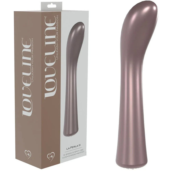Loveline La Perla III Vibrator in Pearlescent Pink, retail box beside the curved pearl-finish G-spot vibe