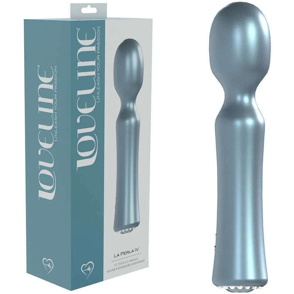 Loveline La Perla IV Massage Wand in Pearlescent Blue, blue box beside the bulb-headed pearl wand