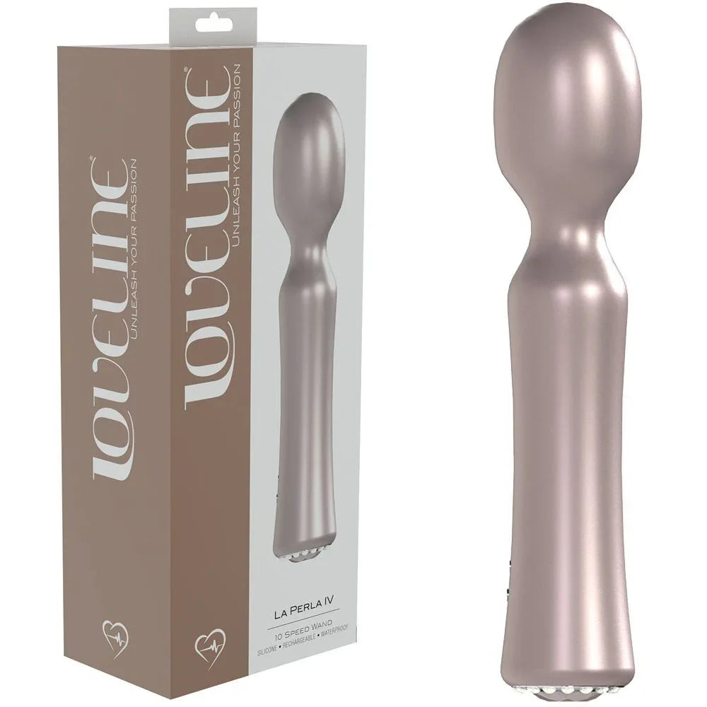 Loveline La Perla IV Massage Wand in Pearlescent Pink, retail box beside the bulb-headed pearl wand