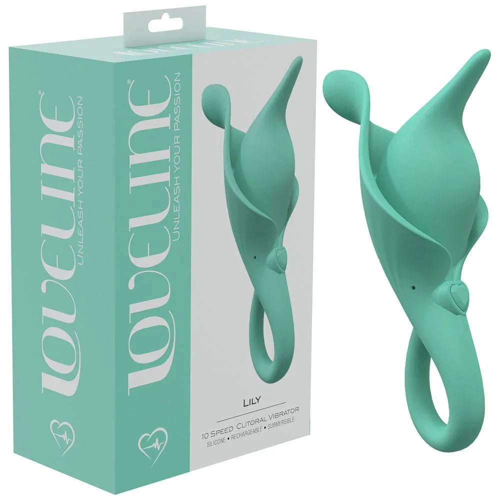 Loveline Lily Clitoral Stimulator in Green, mint box beside the finger-loop clitoral stimulator