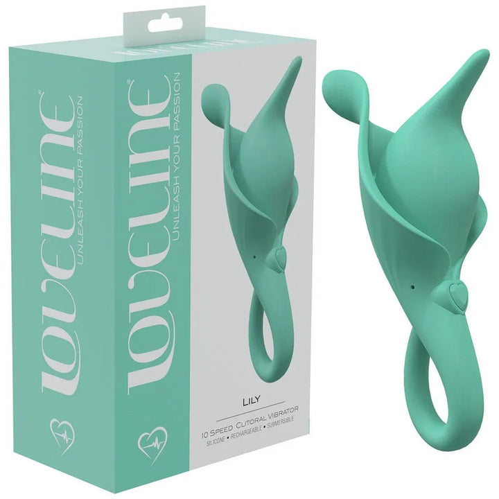 Loveline Lily Clitoral Stimulator in Green, mint box beside the finger-loop clitoral stimulator