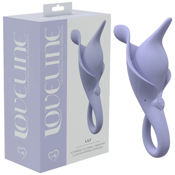 Loveline Lily Clitoral Stimulator in Lavender, retail box beside the finger-loop clitoral stimulator