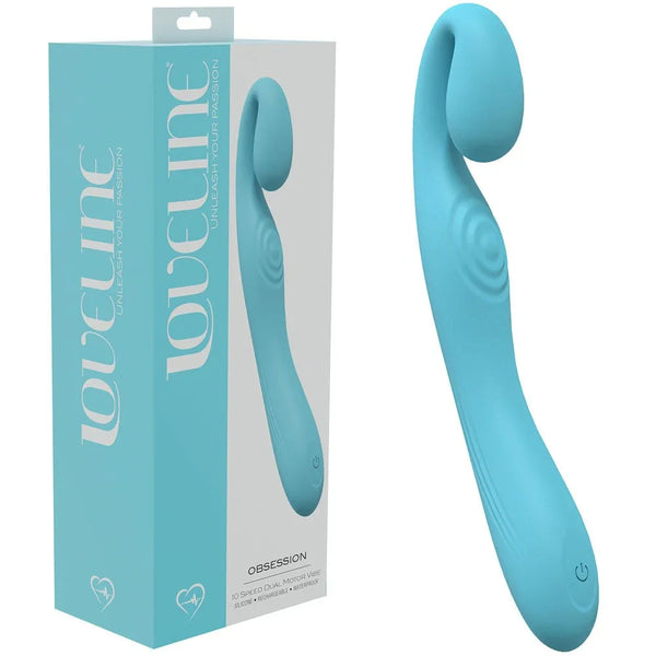 Loveline Obsession Curved Vibrator in Blue, retail box beside the curved dual-motor vibrator