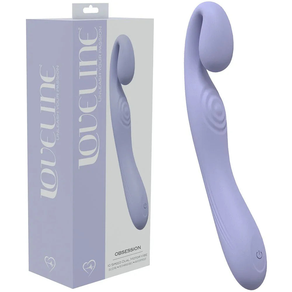 Loveline Obsession Curved Vibrator in Lavender, lilac box beside the curved dual-motor vibrator