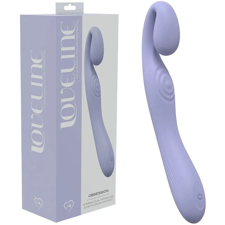 Loveline Obsession Curved Vibrator in Lavender, lilac box beside the curved dual-motor vibrator