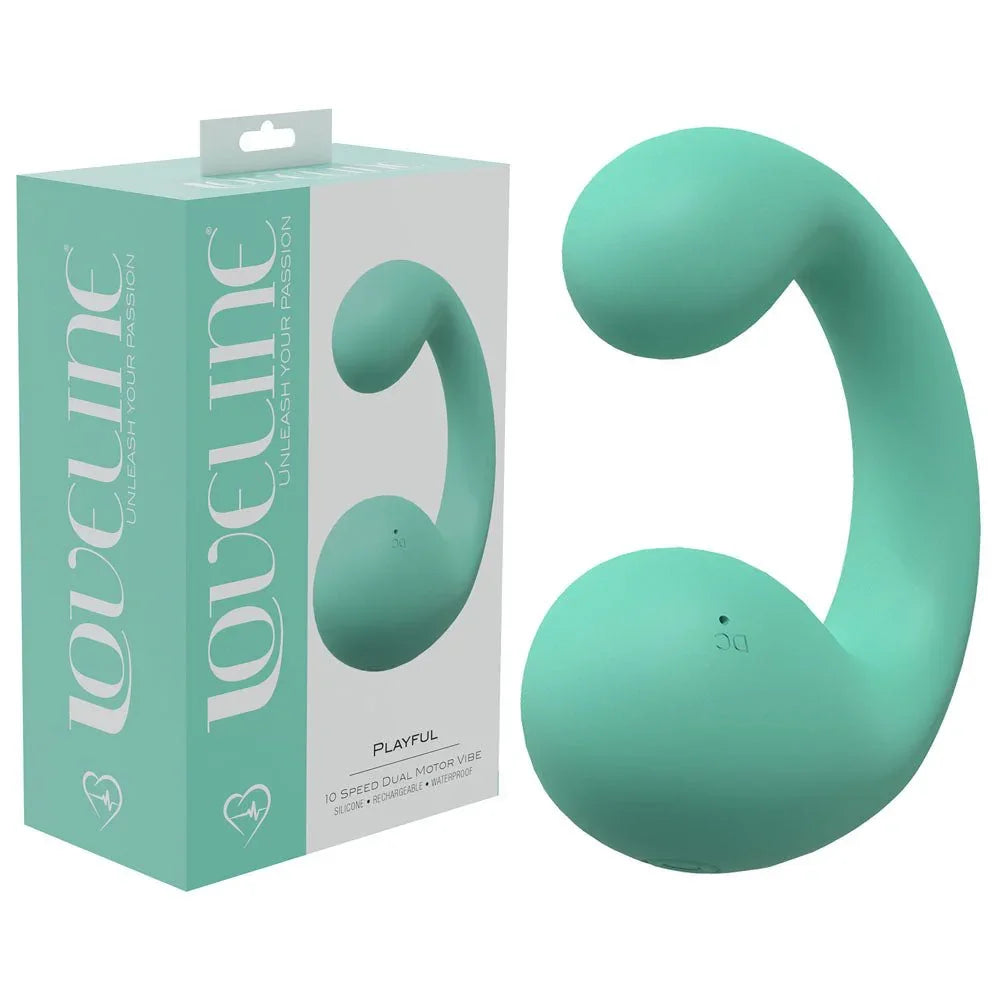 Loveline Playful Dual Vibrator in Green, mint retail box beside the C-shaped dual-motor vibe