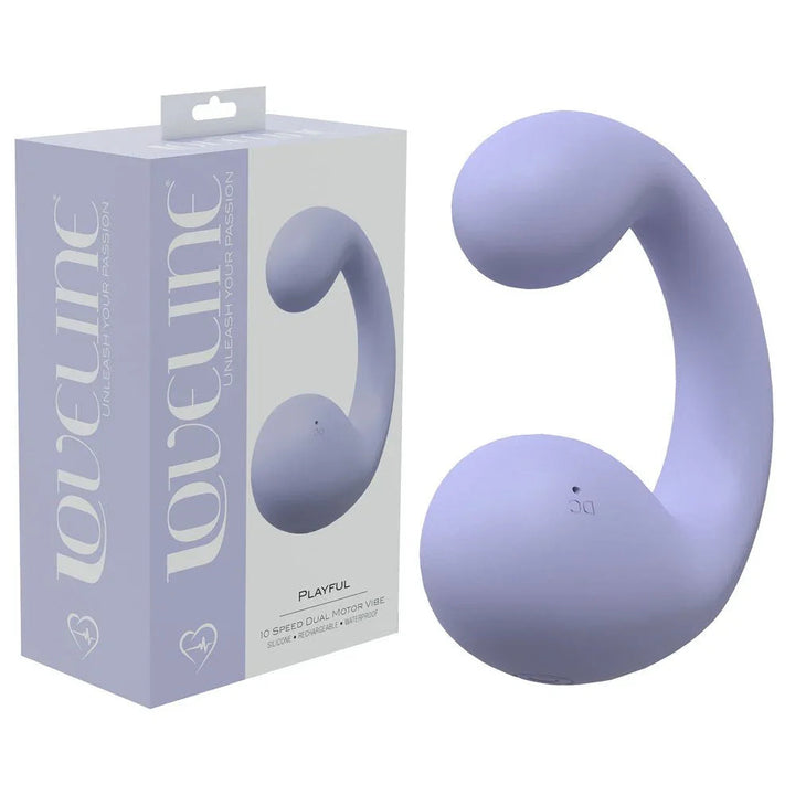 Loveline Playful Dual Vibrator in Lavender, lilac retail box beside the C-shaped dual-motor vibe