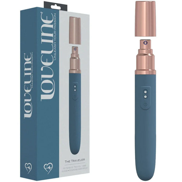 Loveline The Traveler Vibrator in Blue, retail box beside the pen-style vibe and its lube applicator cap