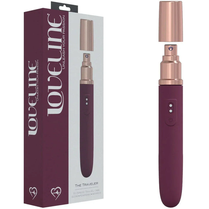 Loveline The Traveler Vibrator in Burgundy, retail box beside the pen-style vibe and its applicator cap