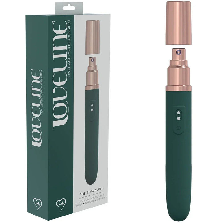 Loveline The Traveler Vibrator in Green, retail box beside the pen-style vibe and its applicator cap
