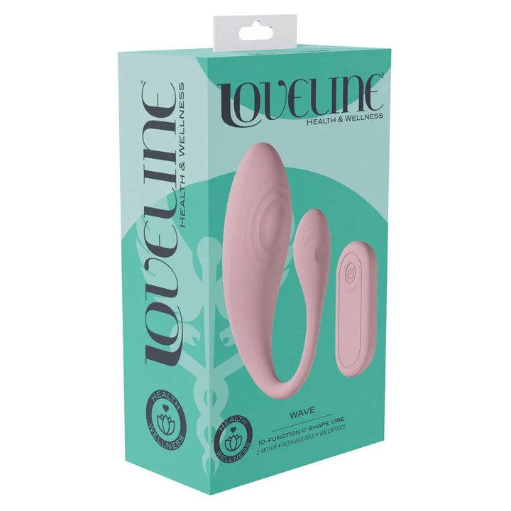 Loveline Wave C-Shaped Vibrator in Pink, front of the mint-green Loveline Wave retail box