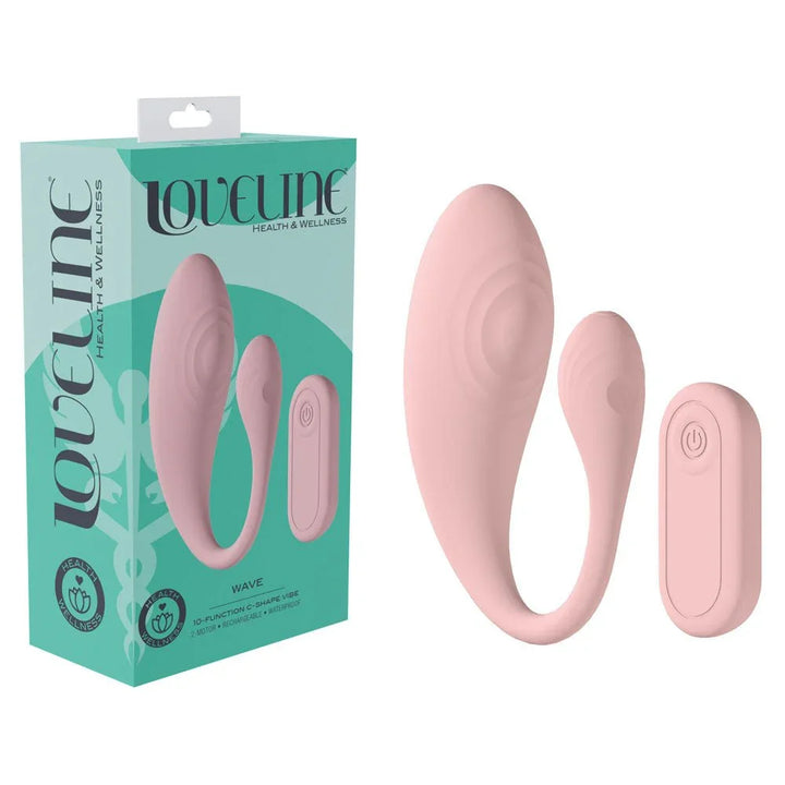 Loveline Wave C-Shaped Vibrator in Pink, mint retail box beside the C-shaped vibe and its remote