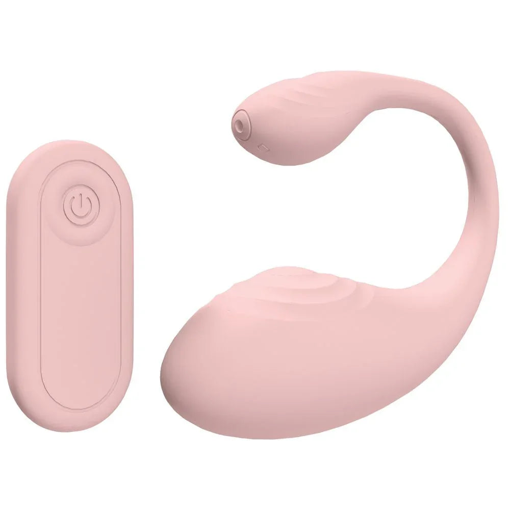Loveline Wave C-Shaped Vibrator in Pink, the vibe bent into a deep C beside the oval remote