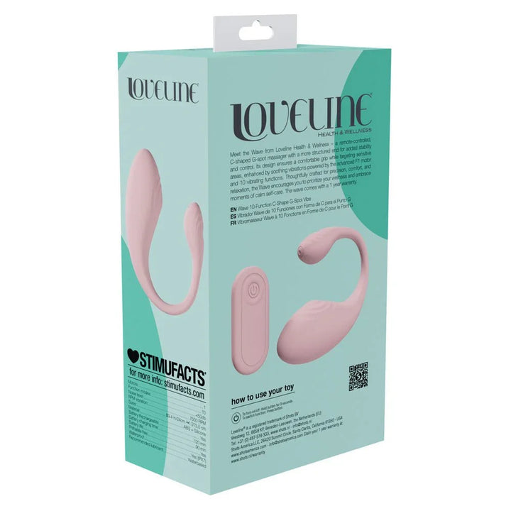 Loveline Wave C-Shaped Vibrator in Pink, back of the box showing usage text and QR code