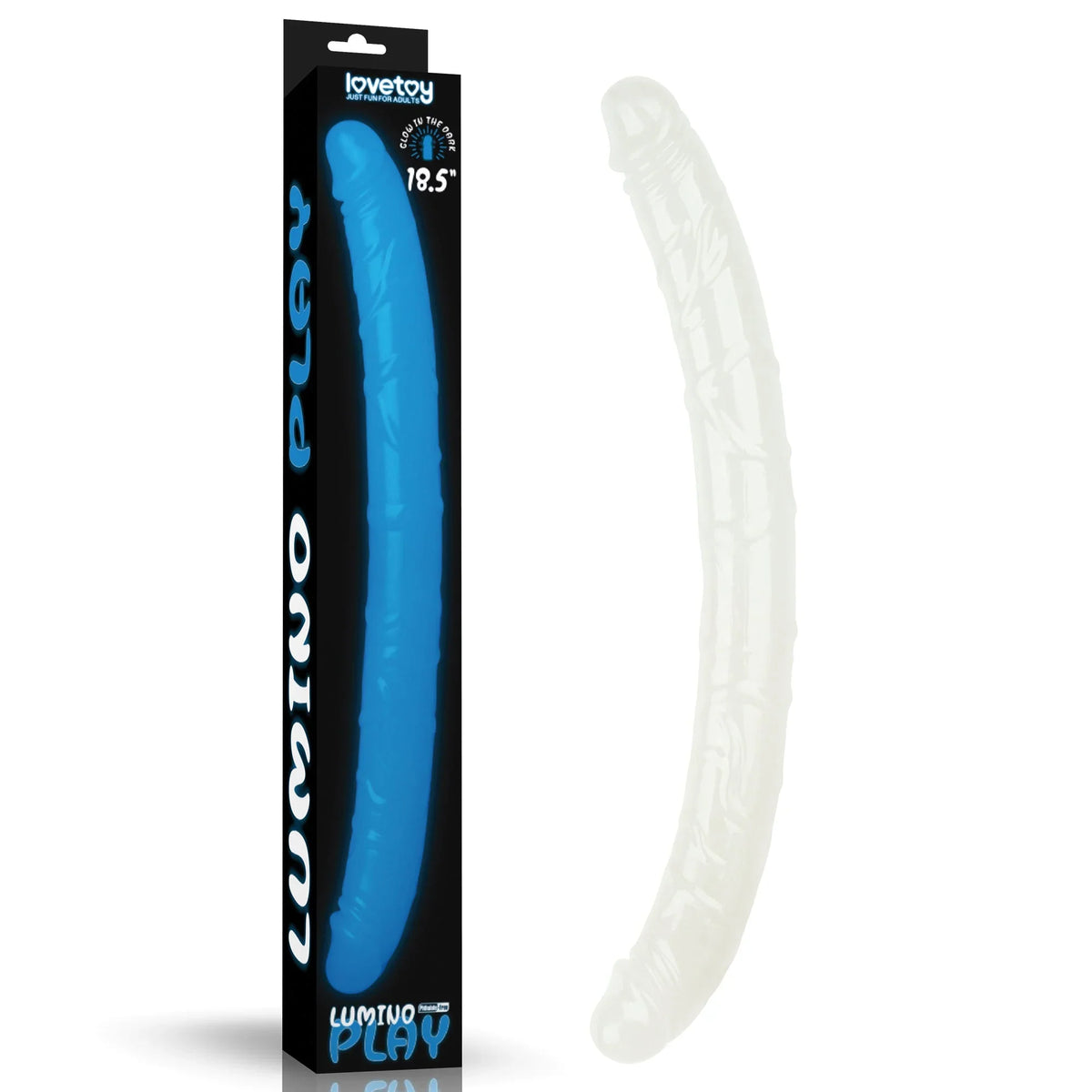 Lovetoy Lumino Play glow double dildo, pale curved shaft beside its tall Lumino Play box
