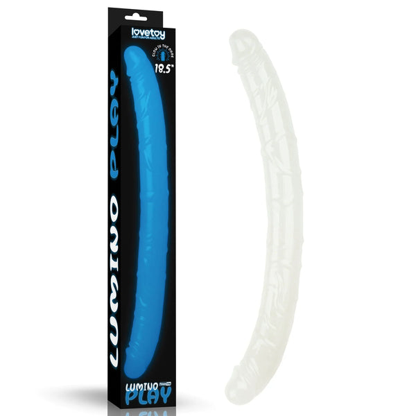 Lovetoy Lumino Play glow double dildo, pale curved shaft beside its tall Lumino Play box