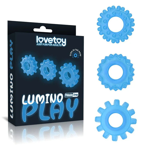 Lovetoy Lumino Play glow cock rings, set of 3 in blue, with the Lumino Play box