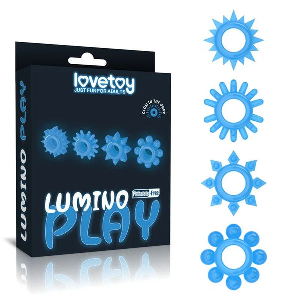 Lovetoy Lumino Play glow cock rings, set of 4 in blue with spiked and studded shapes