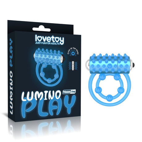Buy Lumino Play Vibrating Penis & Balls Ring - Glow in the Dark Blue Vibrating Cock Ring – Naughtyhut NZ sex toys online. Discreet delivery & top brands.