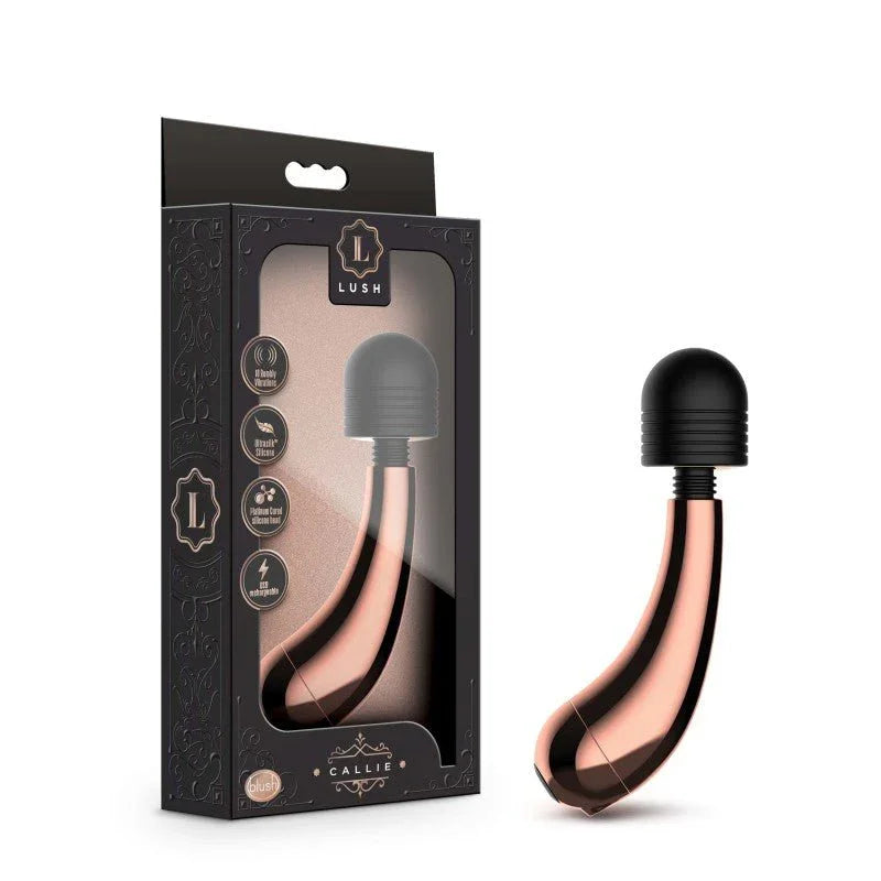 Lush Callie rechargeable mini massager wand in rose gold with black head and its box