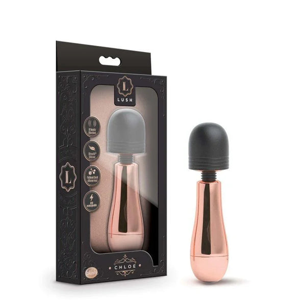 Lush Chloe rechargeable mini massager wand in rose gold with black cap and its box
