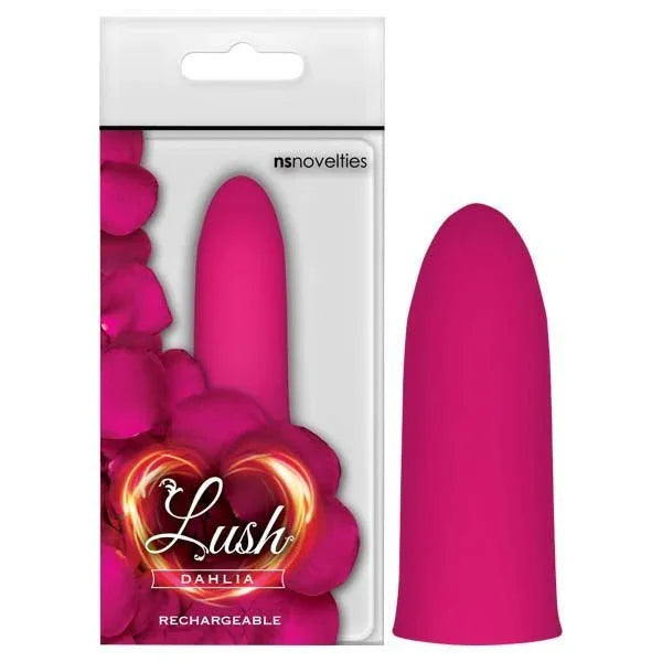 Lush Dahlia rechargeable bullet in Pink, angled tip, beside its floral Lush pack