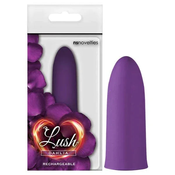Lush Dahlia rechargeable bullet in Purple, angled tip, beside its floral Lush pack