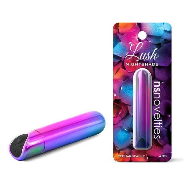 Lush Nightshade rechargeable bullet in a purple to blue metallic finish, beside its pack