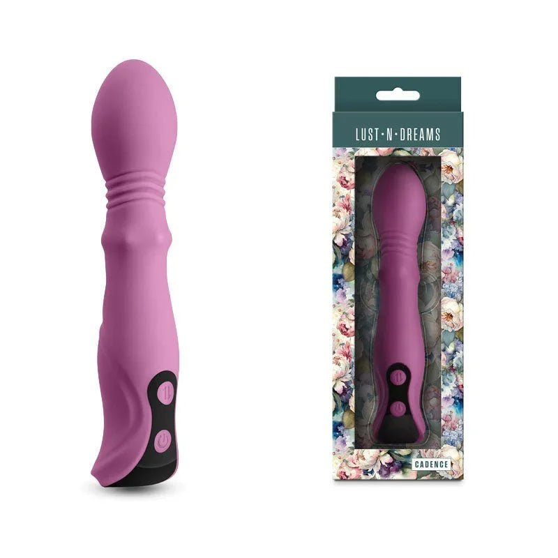 Lust-n-Dreams Cadence thrusting vibrator in Blush Purple, beside its floral retail box
