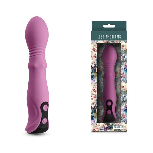 Lust-n-Dreams Cadence thrusting vibrator in Blush Purple, beside its floral retail box