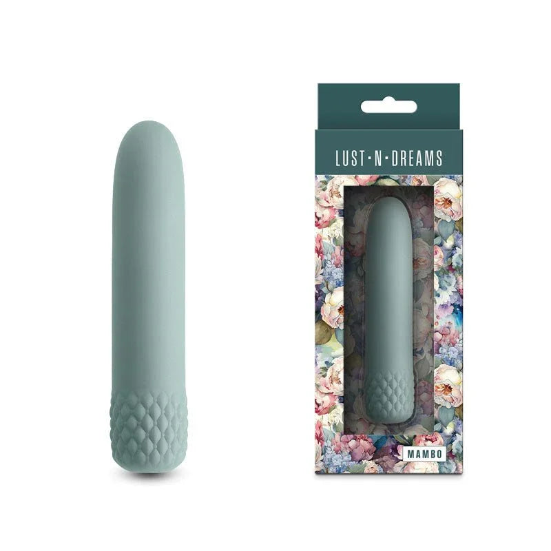 Lust-n-Dreams Mambo rechargeable bullet in Sage, textured base, beside its floral box