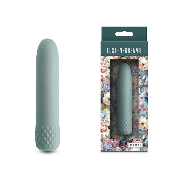 Lust-n-Dreams Mambo rechargeable bullet in Sage, textured base, beside its floral box
