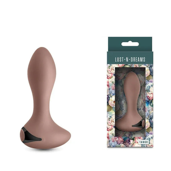 Lust-n-Dreams Tango vibrating butt plug in Beige, curved base, beside its floral box