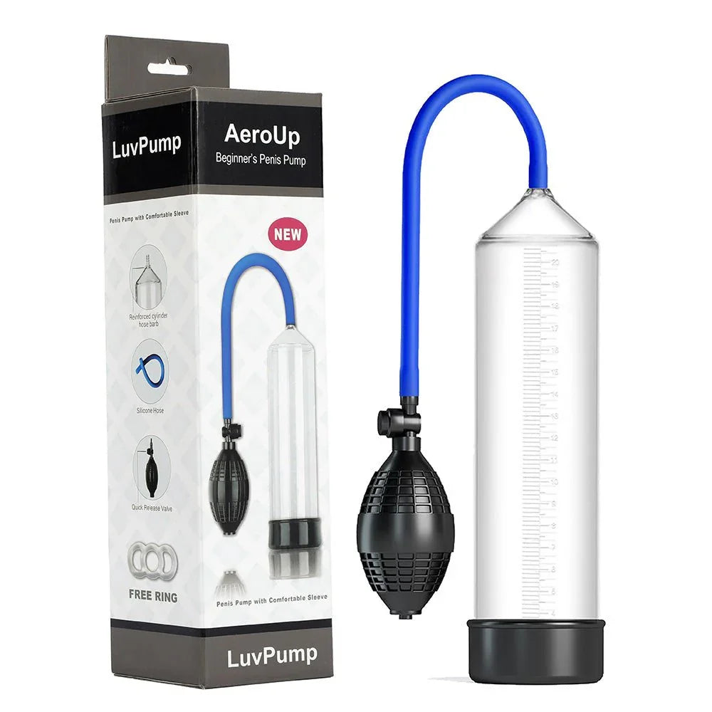 AeroUp beginner penis pump in Clear with bulb and blue hose, beside its box