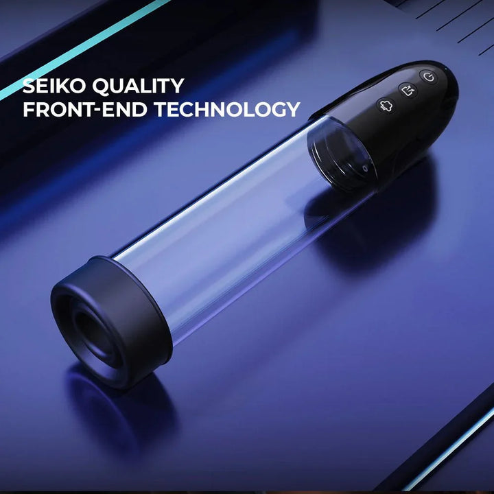 Automatic pump angled on blue backdrop, front-end technology card
