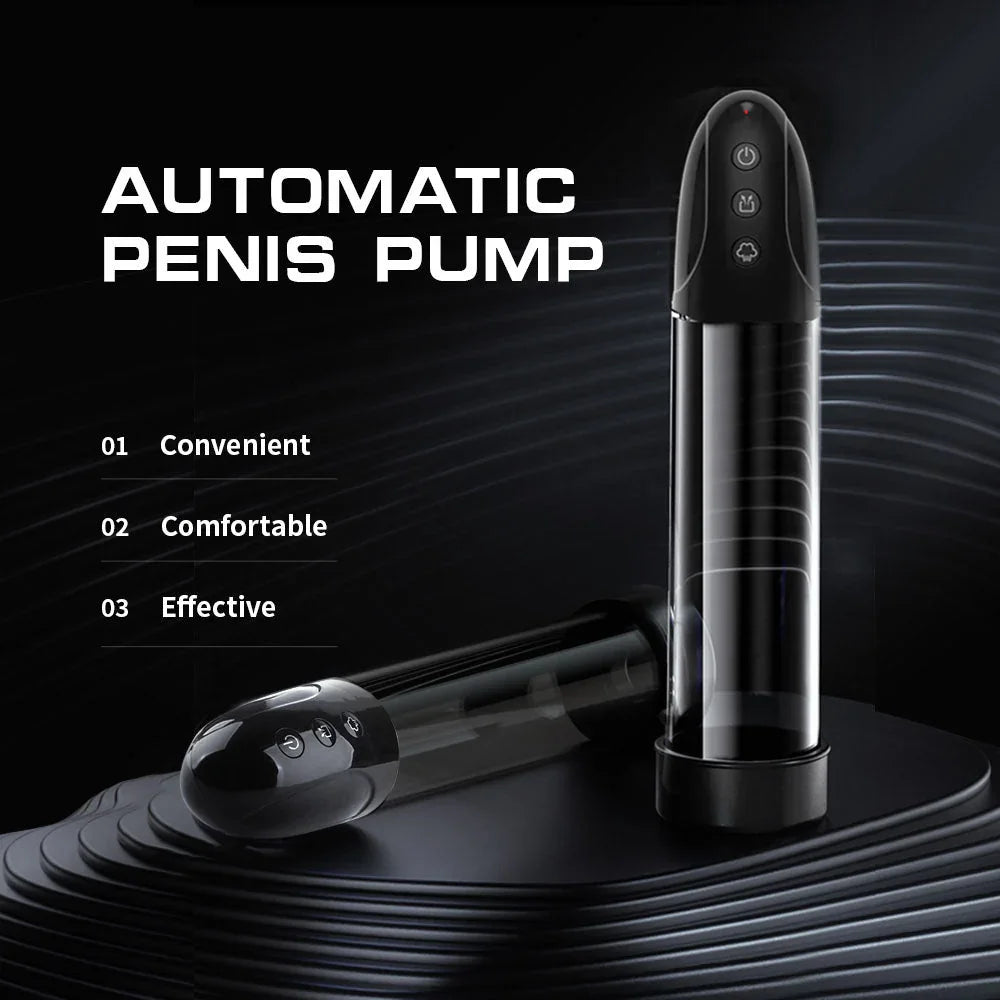 Automatic penis pump feature card, two units on a dark backdrop