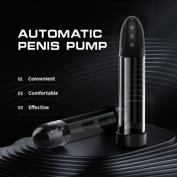 Automatic penis pump feature card, two units on a dark backdrop