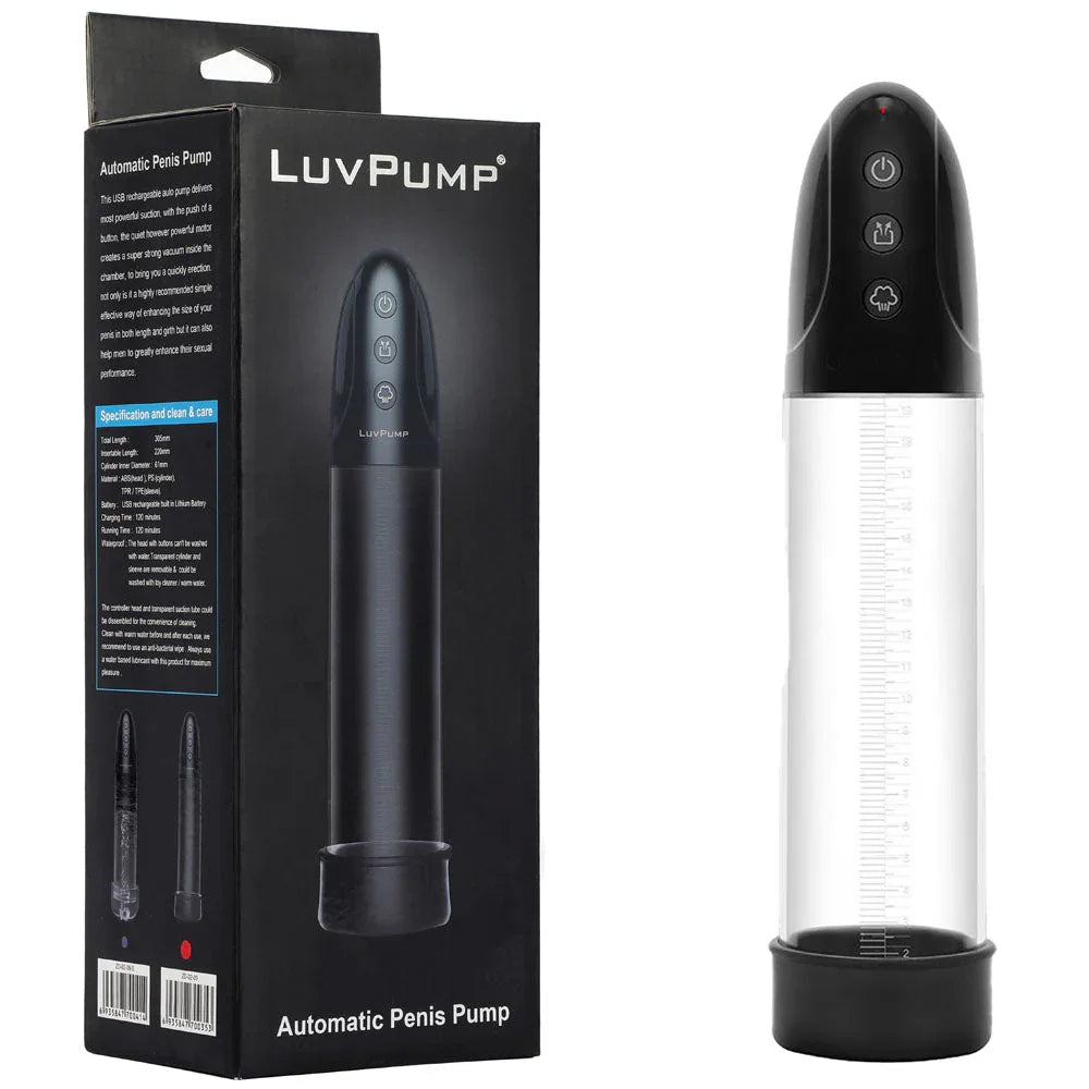LuvPump automatic penis pump in Clear, black motor head, beside its black box